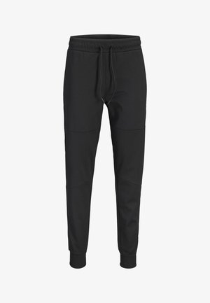 Pantaloni jogger neri slim-fit con vita elastica, coulisse regolabile, dettagli con cuciture sulle ginocchia e polsini risvoltati.