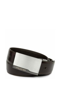 Ceinture en cuir marron avec une boucle m étallique argentée élégante. Présente une finition brossée, des coutures discrètes et un détail de logo sur la boucle.