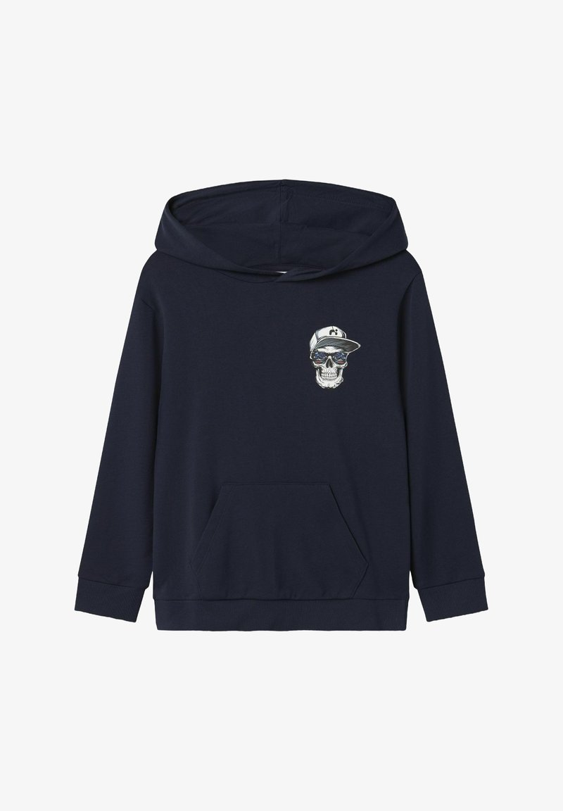 Marineblauwe hoodie van een katoenmix met een schedelafbeelding met een pet, voorzak en ribgebreide manchetten en zoom.
