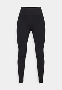 Fekete bordás leggings magas derékkal. Nyújtható anyagból készült, sima textúrával és testhezálló szabással.