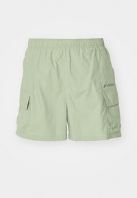 Pantalones cortos cargo verde claro hechos de tela suave, con cintura elástica, bolsillos laterales y un logo sutil en la parte delantera.