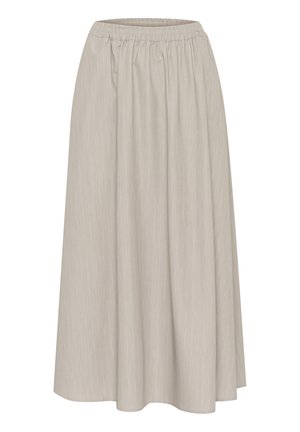 Světlá šedá midi sukně s elastickým pasem, s jemnými vertikálními pruhy a tekoucí, měkkou strukturou.