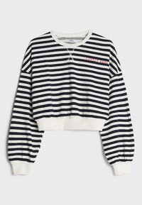 Felpa corta a righe blu navy e bianche con maniche lunghe e polsini crema. Presenta la scritta rossa "LOVELY BABE" sul davanti. Tessuto morbido.