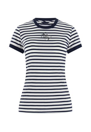 Maglietta a maniche corte a righe orizzontali bianche e blu navy con colletto blu navy, polsini delle maniche e un piccolo logo ricamato sul petto.