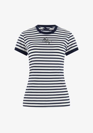 Bijela i mornarsko plava majica s kratkim rukavima i horizontalnim prugama, s mornarsko plavim ovratnikom, rubovima rukava i malim izvezenim logotipom na prsima.