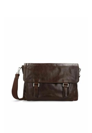 Brown leather messenger bag with a flap closure, adjustable strap, and two front buckles. Features a smooth texture and polished finish.