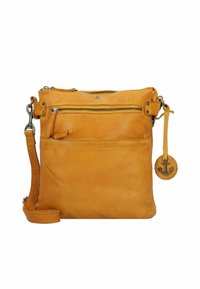 Borsa a tracolla in pelle di colore giallo senape. Caratterizzata da numerose cerniere, una tracolla regolabile e un'etichetta rotonda con un design di ancora.