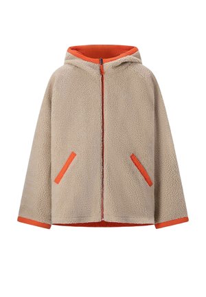 Veste en polaire beige à fermeture éclair avec capuche, dotée d'une doublure orange, de poches bordées d'orange, de poignets et d'un tirette de fermeture éclair orange.