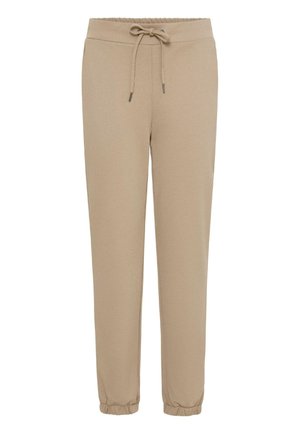 Beige szabadidőnadrág rugalmas derékkal és húzózsinórral. Feszes mandzsetták a boka résznél. Puha, struktúrált anyagból készült.
