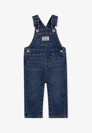 Dunkelblaue Jeanslatzhosen mit verstellbaren Trägern, einer Vordertasche und seitlichen Knöpfen. Sie verfügen über ein klassisches Design mit geradem Bein.