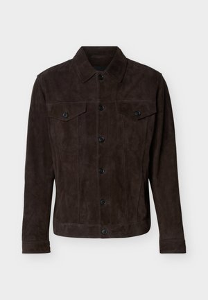 Σκούρο καφέ σουέντ μπουφάν με κουμπιά μπροστά, δύο τσέπες στο στήθος με καπάκια και κουμπιά, μακριά μανίκια και κλασικό γιακά.