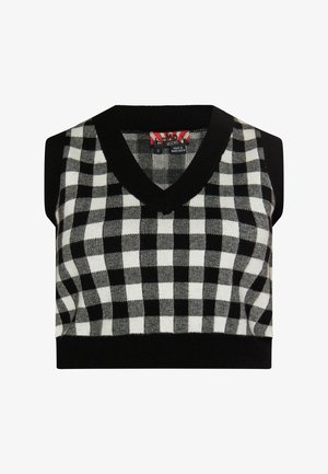 Črno-bela karo krajša jopica z V-izrezom in črnim rebrastim robom, ki prikazuje mehko teksturo in brezrokavni dizajn.