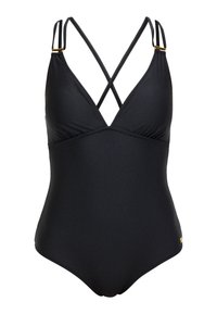 Juodas vientisas maudymosi kostiumėlis su kryžiškai susikertančiomis petnešėlėmis, minkšta medžiaga, V formos iškirpte ir mažu auksiniu akcentu klubo srityje.