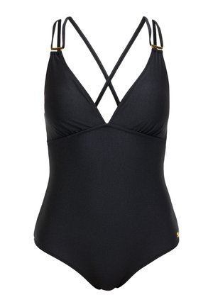 Czarny jednoczęściowy strój kąpielowy z krzyżującymi się ramiączkami, miękkim materiałem, dekoltem w serek i małym złotym detalem na biodrze.