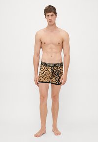 Moške bokserice v leopardjem vzorcu z črnimi pasom, ki ima zlate detajle. Material se zdi mehak z udobnim prilegajočim se krojem in minimalno dolžino.