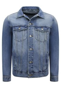 Leren denim jasje in lichtblauw, met een klassieke kraag, twee borstzakken aan de voorkant, knoopsluiting en een versleten textuur op de stof.