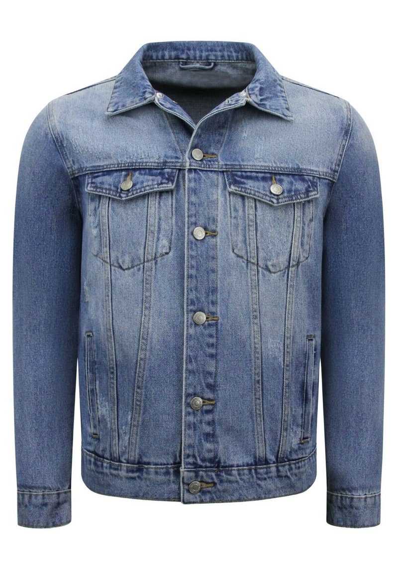 Leren denim jasje in lichtblauw, met een klassieke kraag, twee borstzakken aan de voorkant, knoopsluiting en een versleten textuur op de stof.