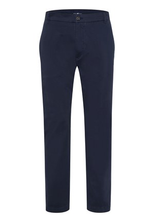 Navy blue cotton trousers with a straight-leg design, featuring a button closure, front pockets, and a smooth texture.