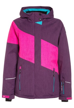 Paars-roze gewatteerde jas met capuchon, voorzien van diagonale kleurvlakken, twee zijzakken met rits en contrasterende turquoise accenten.