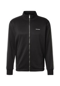 Svart zip-up träningsjacka med vita sidostripes, ribbade muddar och en liten vit "PEGADOR"-logotyp på vänster bröst.