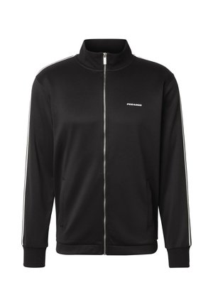 Czarna kurtka sportowa zapinana na zamek z białymi paskami po bokach, ściągaczami na mankietach i małym białym logo "PEGADOR" na lewej piersi.