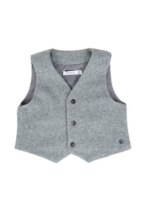 Grijs gestructureerd vest met een V-hals en vijf knopen. Heeft een gladde binnenvoering en een ronde zoom. Geschikt voor kinderen van 12 maanden.