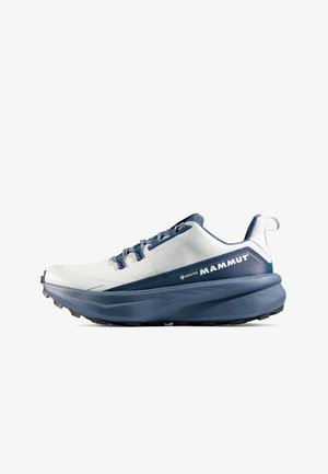 Herren-Wanderschuhe aus leichten, wasserdichten Materialien. Graues Obermaterial, blaue Akzente, dicke Dämpfung und strukturierte schwarze Gummisohle.