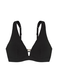 Melna ribota trīsstūrveida bikini augšdaļa ar regulējamām siksnām un zelta aksesuāru centrā. Gluda tekstūra, minimālisma dizains.