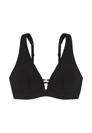 Černý ribbovaný trojúhelníkový bikiny top s nastavitelnými ramínky a zlatým kovovým detailem uprostřed. Hladký povrch, minimalistický design.