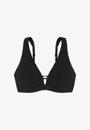 Čierny rebrovaný trojuholníkový bikiny top s nastaviteľnými ramienkami a zlatým kovovým detailom v strede. Hladká textúra, minimalistický dizajn.