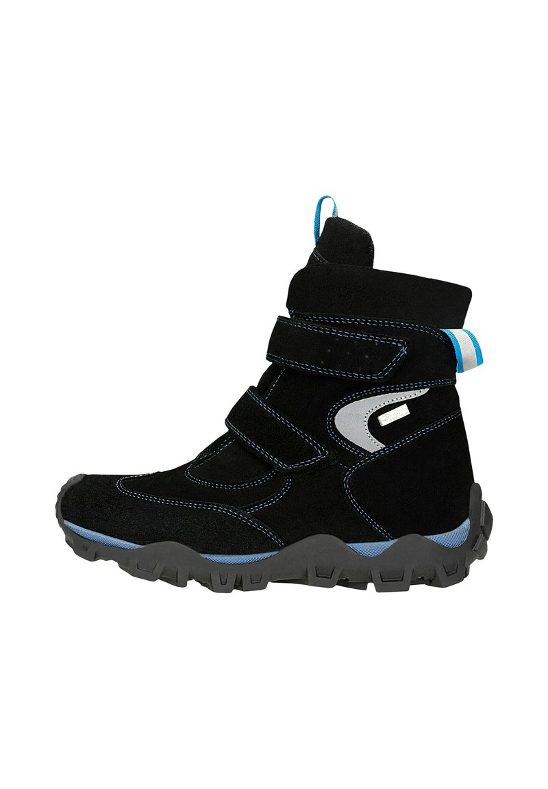 Stivaletto in suede nero con dettagli blu, cinturini in velcro, cuciture a contrasto e suola in gomma robusta con un motivo testurizzato.
