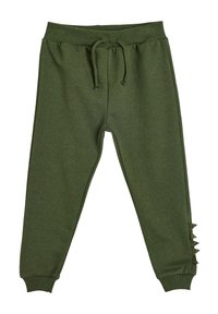 Grüne Sweatpants aus weichem Stoff, mit einem elastischen Bund und Kordelzug, sowie dekorativen, dreieckigen Akzenten an der Seite.