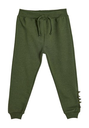 Grüne Sweatpants aus weichem Stoff, mit einem elastischen Bund und Kordelzug, sowie dekorativen, dreieckigen Akzenten an der Seite.