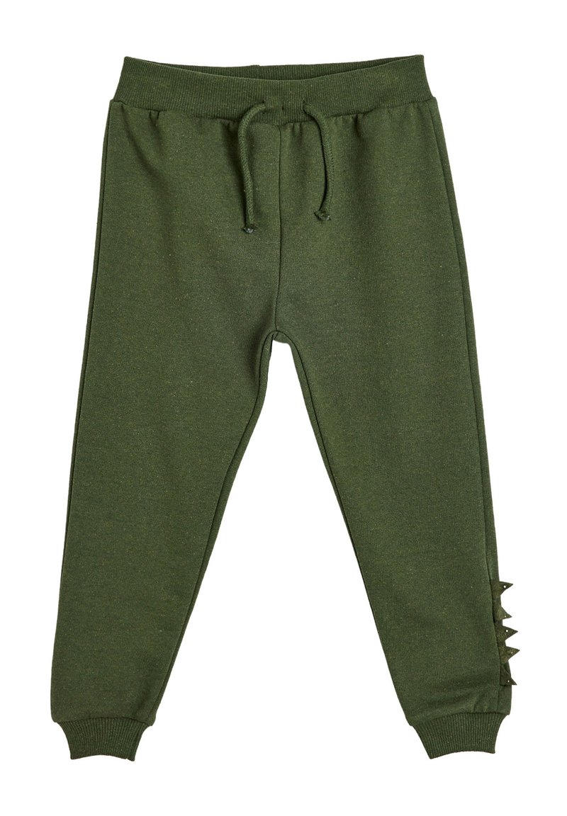 Grüne Sweatpants aus weichem Stoff, mit einem elastischen Bund und Kordelzug, sowie dekorativen, dreieckigen Akzenten an der Seite.