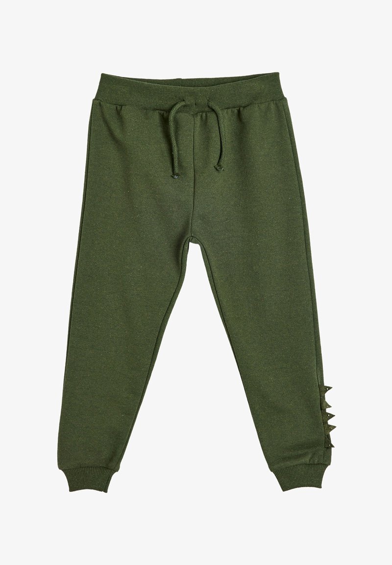 Groene joggingbroek van zacht materiaal, met een elastische tailleband met een trekkoord en decoratieve driehoekige accenten aan de zijkant.