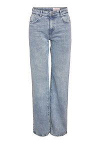 Vaqueros de tiro alto en azul claro, diseño de pierna ancha, tela de denim resistente, estilo de cinco bolsillos, ligero desgastado, cierre de botón metálico y trabillas para cinturón.