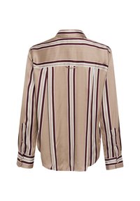 Long-sleeve shirt in beige with vertical stripes in dark red and white. Features a classic collar and buttoned cuffs. Smooth, lightweight fabric.