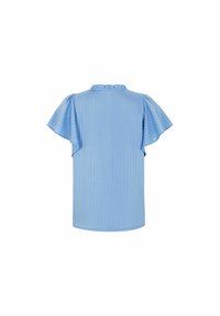 Blusa azzurra chiara con maniche corte a volant, colletto arricciato e texture a coste. Tessuto morbido con una vestibilità strutturata e rilassata.