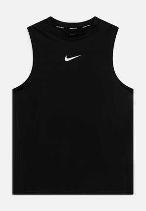 Svart ermeløs Nike Pro tank topp med rund hals, hvit Nike swoosh-logo, og sidesømmer for en figursydd look. Glatt, stretchy stoff.