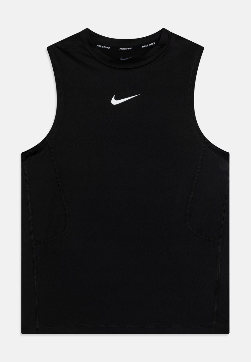 Svart ermeløs Nike Pro tank topp med rund hals, hvit Nike swoosh-logo, og sidesømmer for en figursydd look. Glatt, stretchy stoff.