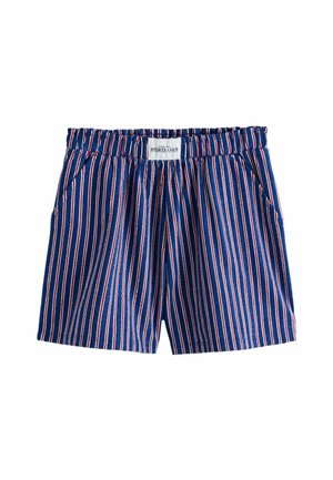 Blau-weiß gestreifte Shorts mit elastischem Bund und zwei Seitentaschen. Der Stoff wirkt leicht und strukturiert.
