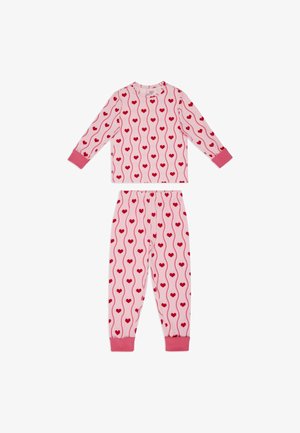 Lyserøde børnepyjamas med lange ærmer, dekoreret med røde hjerter og bølgeformede linjemønstre, med ensfarvede lyserøde manchetter på ærmer og bukseben.