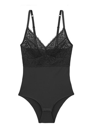 Body noir avec des détails en dentelle sur le buste, des bretelles ajustables et une finition en tissu lisse avec une coupe classique en bas.