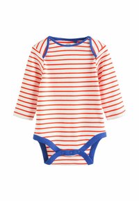 Bodysuit dla niemowląt z długim rękawem w kolorze białym, w czerwone i pomarańczowe paski. Posiada niebieskie wykończenie przy szyi i otworach na nogi, z zatrzaskami na dole.