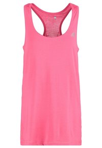 Rosa sporttopp med racerback-design, tillverkad av lättviktigt tyg. Har en liten logotyp och en slät textur. Storlek S.