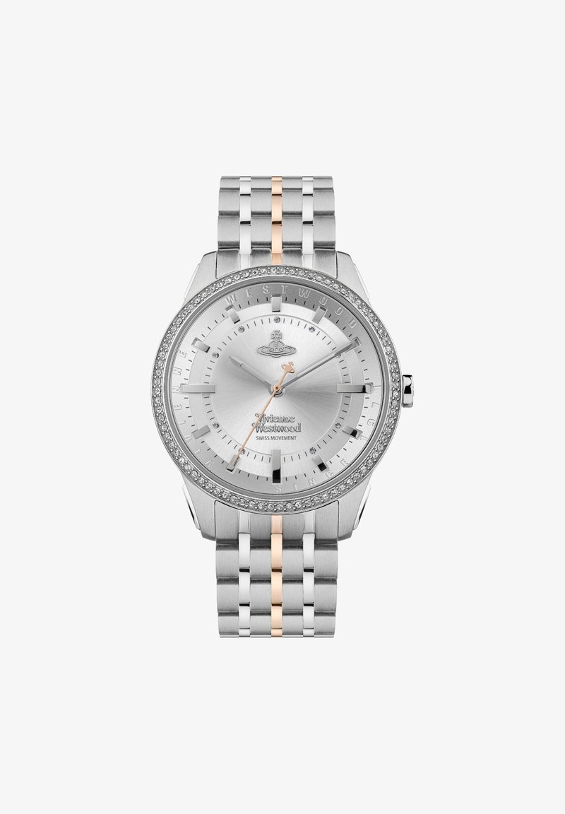 Zilveren metalen horloge met een ronde wijzerplaat, een bezel met diamantenaccenten en een tweekleurige band met roségouden schakels en een gepolijste afwerking.