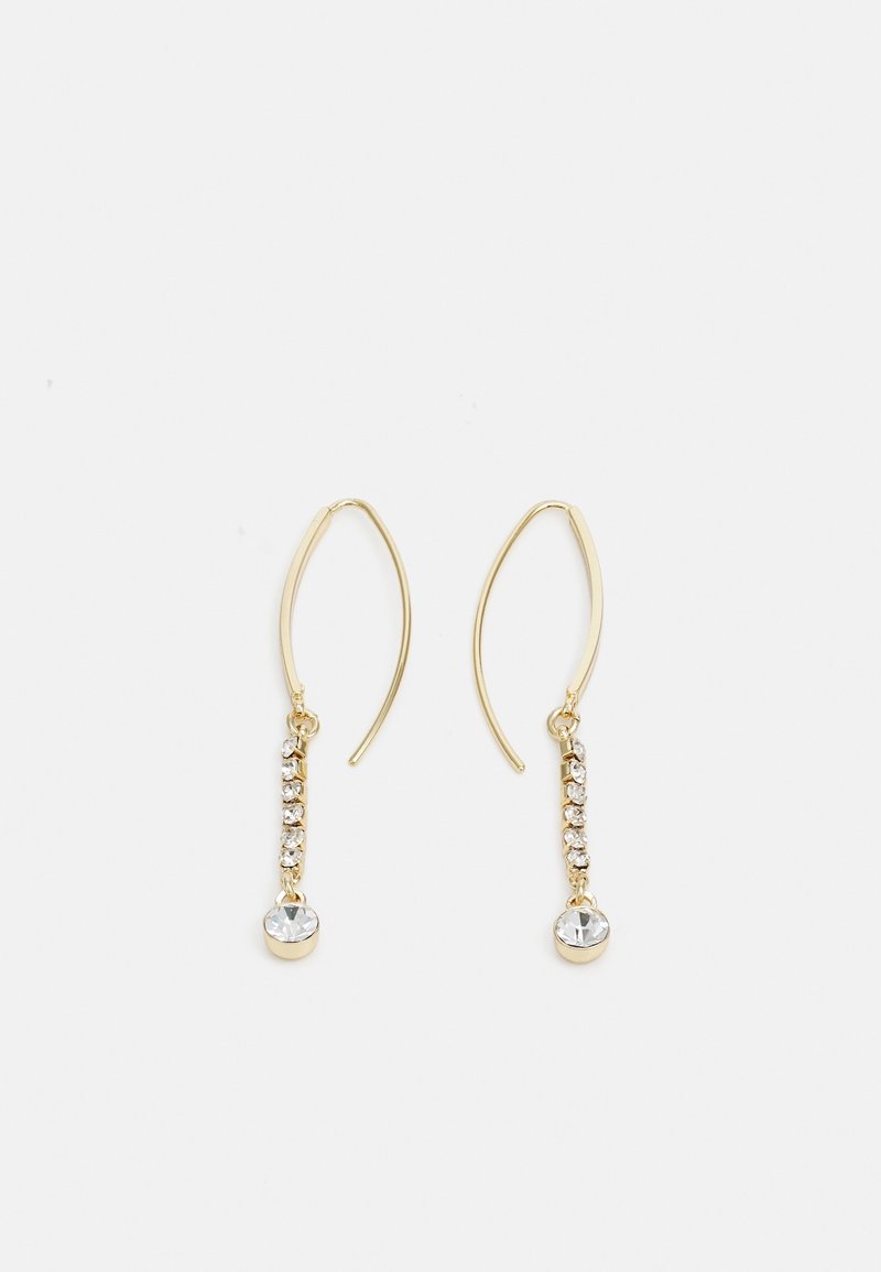Boucles d'oreilles à crochet en or avec une rangée verticale de petits cristaux clairs se terminant par un pendentif rond en cristal clair de plus grande taille.