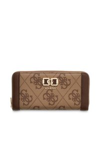 Portafoglio monogram marrone con accenti logo, caratterizzato da esterno testurizzato, chiusura con zip e ferrature decorative dorate.