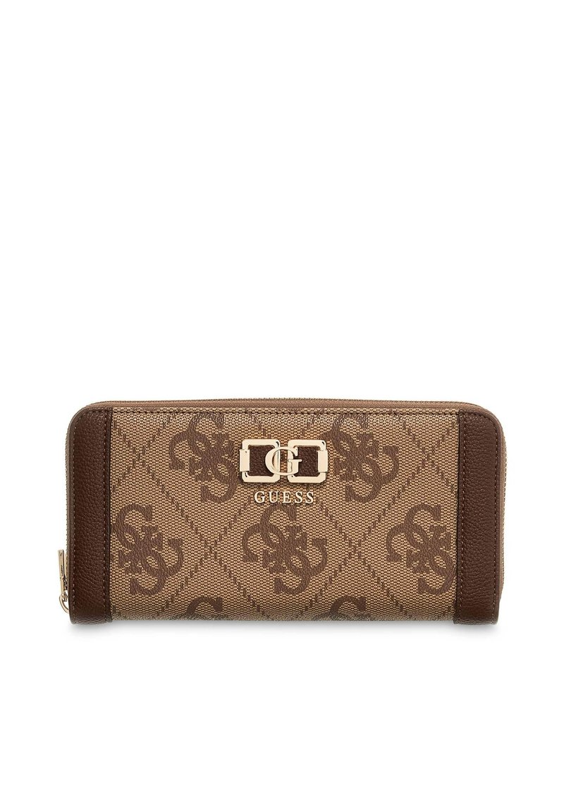 Portafoglio monogram marrone con accenti logo, caratterizzato da esterno testurizzato, chiusura con zip e ferrature decorative dorate.