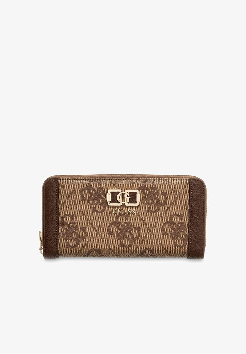 Portafoglio monogram marrone con accenti logo, caratterizzato da esterno testurizzato, chiusura con zip e ferrature decorative dorate.